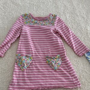 Mini Boden 5-6 Pink and White Striped dress with floral heart pockets